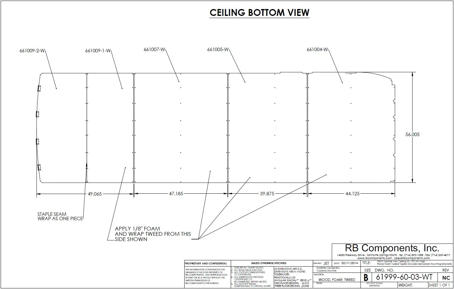 07  Sprinter Van Ceiling Liner Kit, 170"WB Ext Plywood