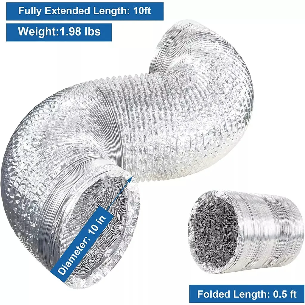 AlorAir Dehumidifier Aluminum Foil Intake Duct 10 inches Diameter 10 ft Long with Duct Clamps