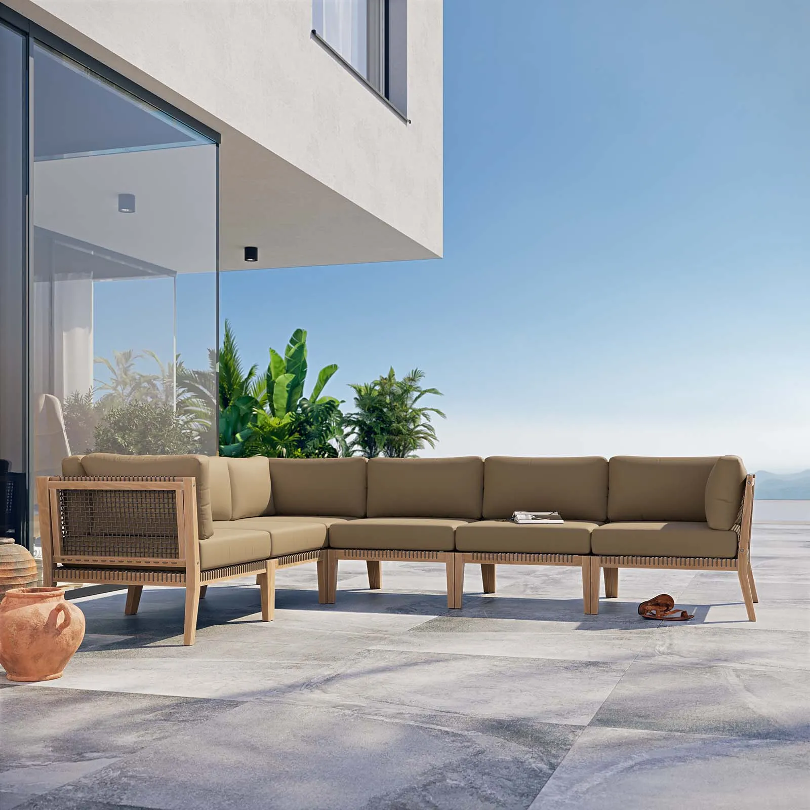 Clearwater Outdoor Patio Teak Wood 6-Piece Sectional Sofa Gray Light Brown EEI-6125-GRY-LBR