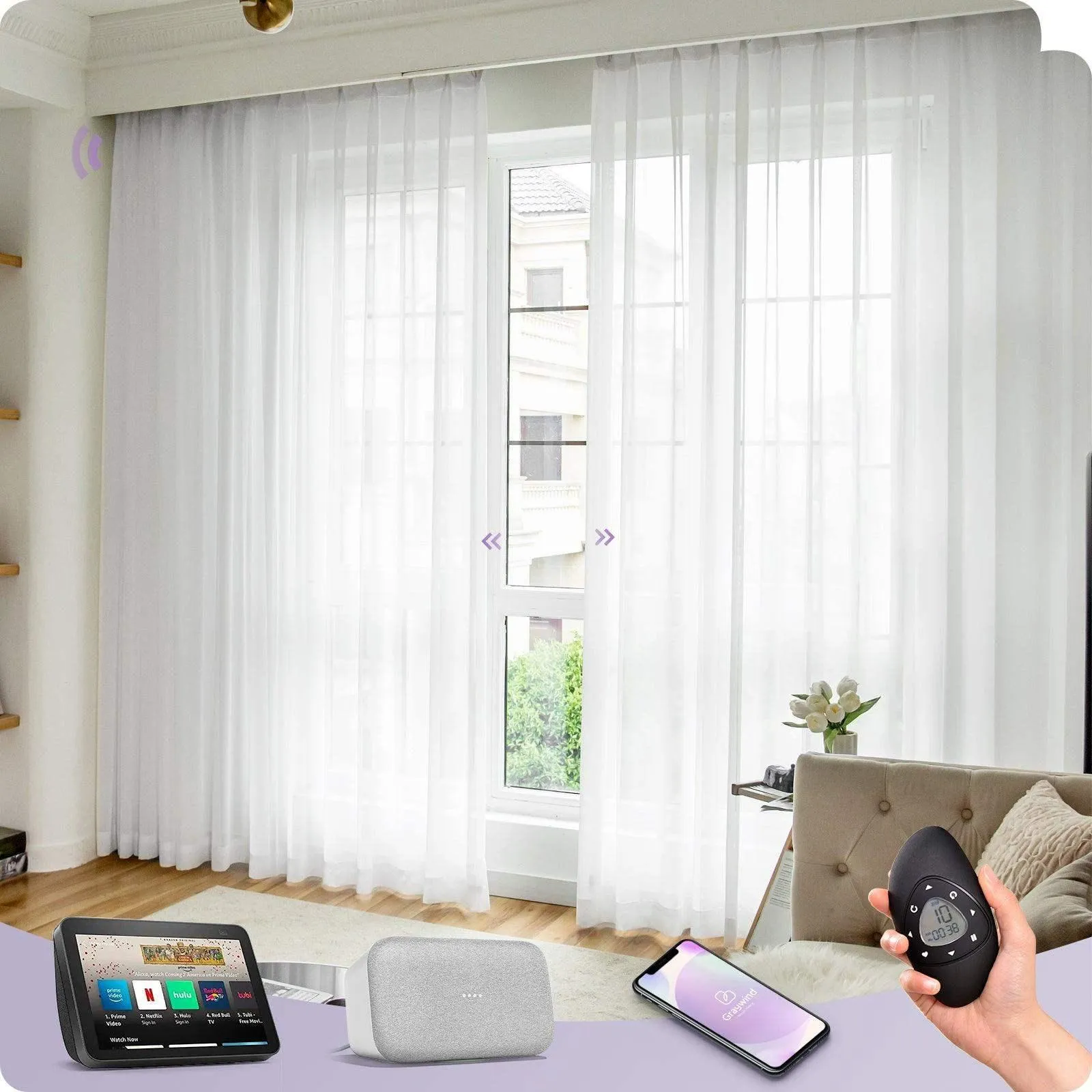 Graywind Hardwired Smart Curtain with Roman Rod | Sheer Series | Customizable