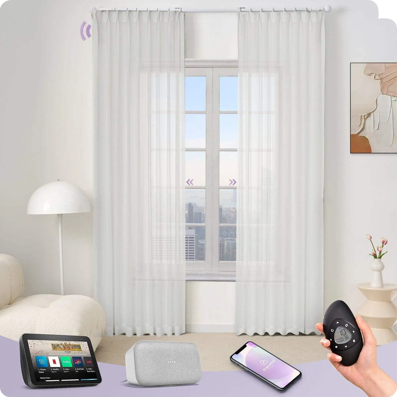 Graywind Hardwired Smart Curtain with Roman Rod | Sheer Series | Customizable