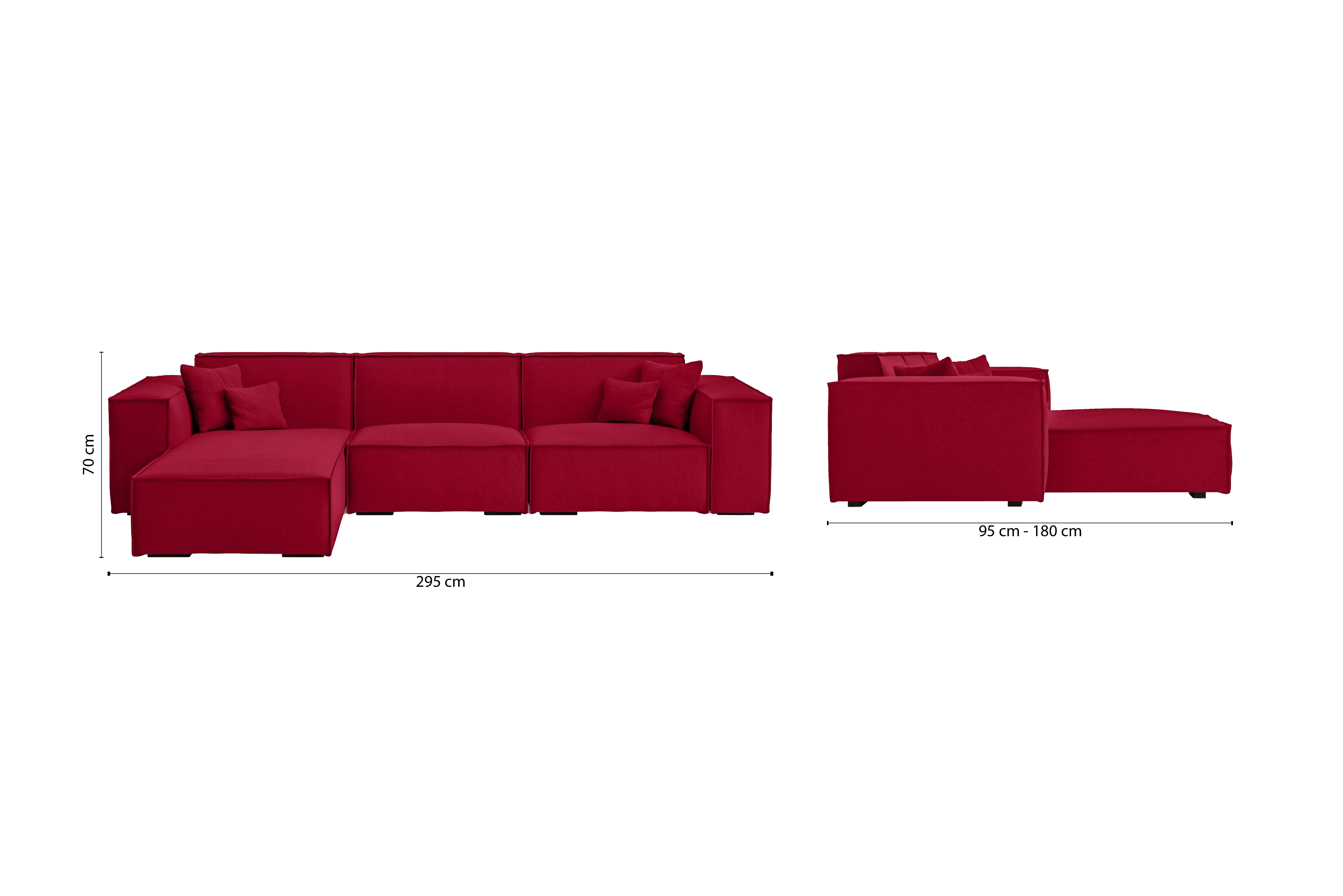 Naples 3 Seater Left Hand Facing Chaise Lounge Corner Sofa Red Linen Fabric